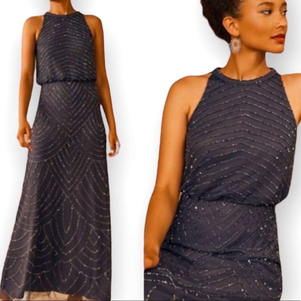 Adrianna Papell x BHLDN Madigan 2 & 4 Gray Chiffon Embellished Beaded Formal